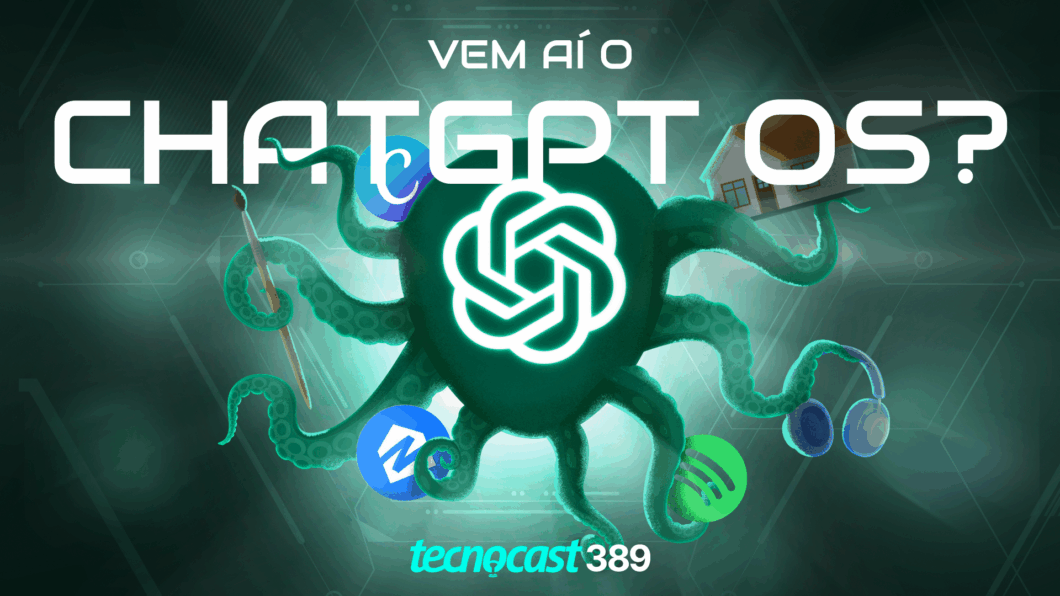 Essa imagem é uma arte promocional para o episódio 389 do podcast Tecnocast. O título em português, “Vem aí o ChatGPT OS?”, sugere que o episódio discute a possibilidade do ChatGPT evoluir para um sistema operacional (OS). A imagem mostra um octopus estilizado, com tentáculos que seguram ícones de diferentes serviços e aplicativos de tecnologia, como Spotify, Notion, entre outros. No centro, o logo do ChatGPT brilha, indicando que o tema está relacionado à ideia de o ChatGPT se tornar uma parte mais integrada no ecossistema digital, possivelmente envolvendo mais funcionalidades e integração com outras plataformas.

O design da imagem transmite a ideia de expansão e conectividade, com o octopus representando a versatilidade e o alcance de uma inteligência artificial que pode conectar e integrar diversas ferramentas e serviços em nosso cotidiano.