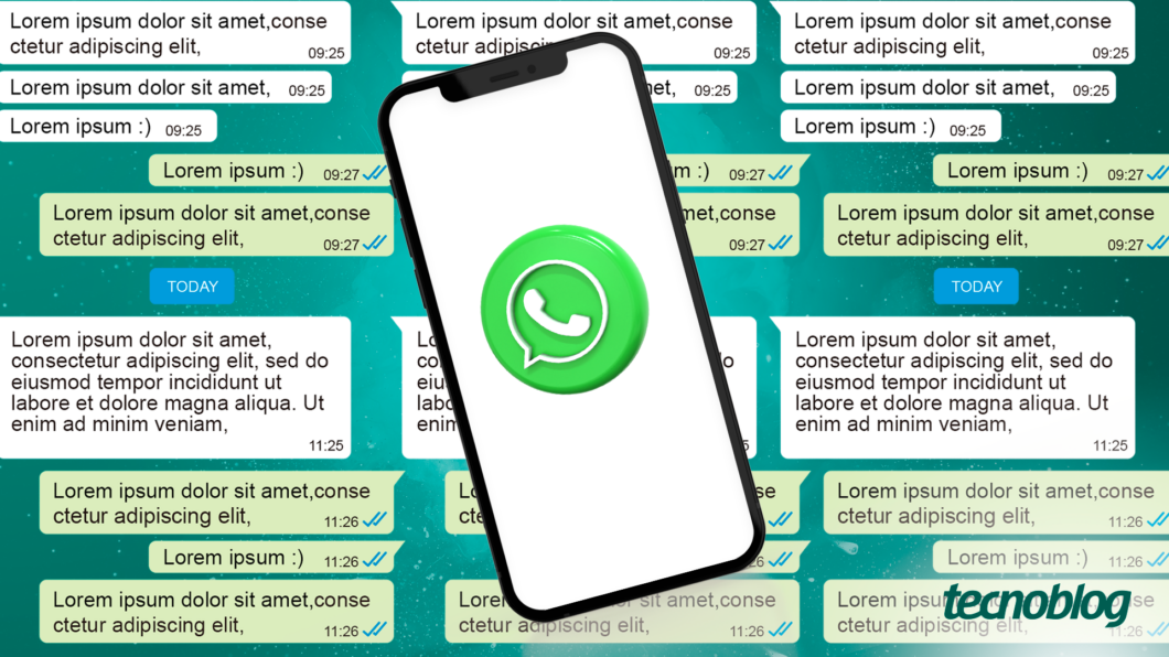 Ilustração com logo do WhatsApp no celular e diversas mensagens com lorem ipsum no fundo