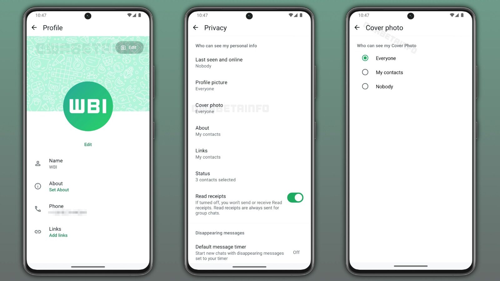 Imagem mostra uma captura de tela do WhatsApp com a opção, ainda em teste, para adicionar foto de capa ao perfil