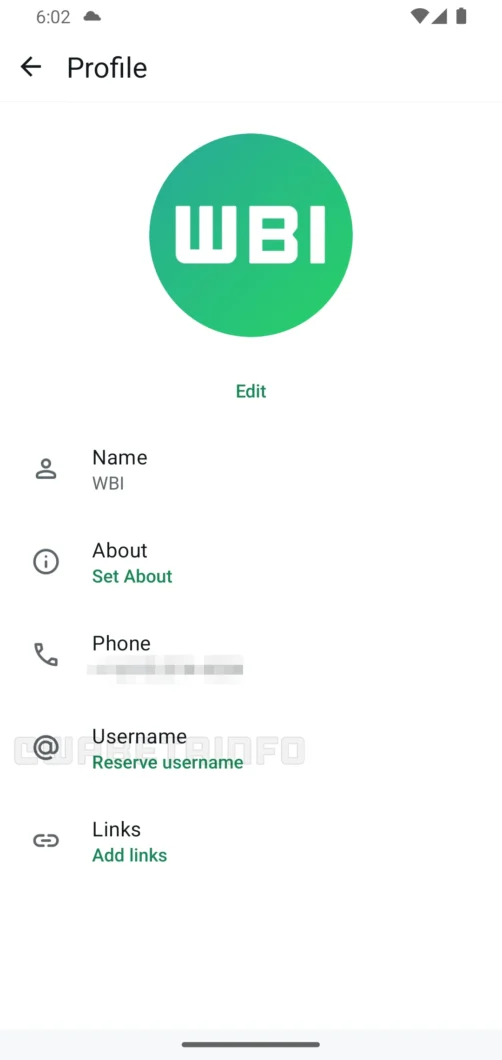 Captura de tela mostra o perfil de configurações do WhatsApp beta, com um novo recurso de "Username" e "Reserve username" abaixo.