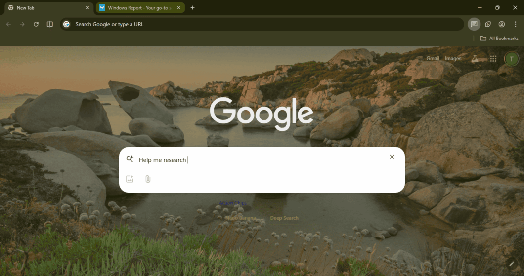 Captura de Tela do Google Chrome Canary com o botão de Deep Search em testes