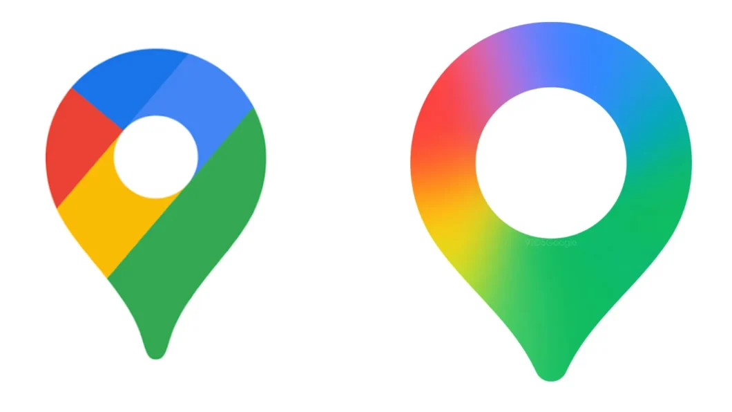 Comparação de dois ícones de pino de localização do Google Maps, ambos com um círculo branco ao centro. À esquerda, o ícone tradicional dividido em quatro cores sólidas do Google (azul, vermelho, amarelo e verde). À direita, uma versão conceitual ou futura do ícone, que é preenchida por um gradiente suave em um arco-íris que transiciona do vermelho para o azul e verde, mantendo a forma de pino.