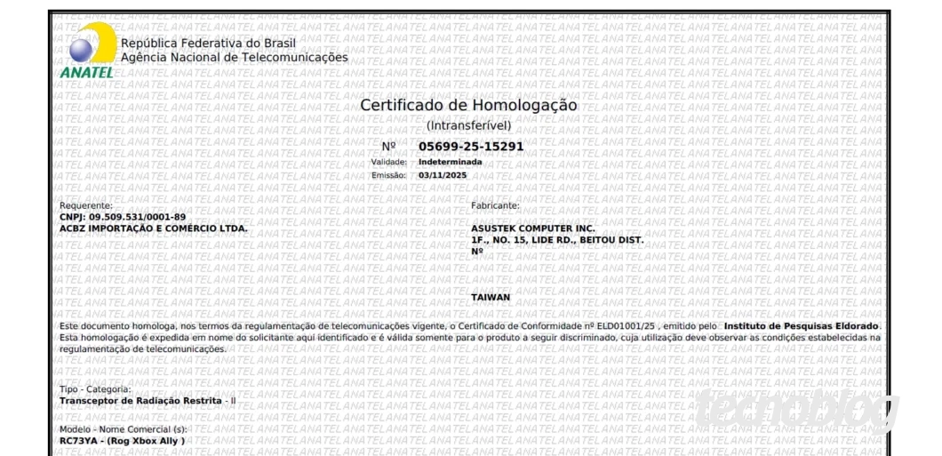 Imagem mostra o certificado de homologação na Anatel do ROG Xbox Ally. Na parte inferior direita, a marca d'água do "Tecnoblog"