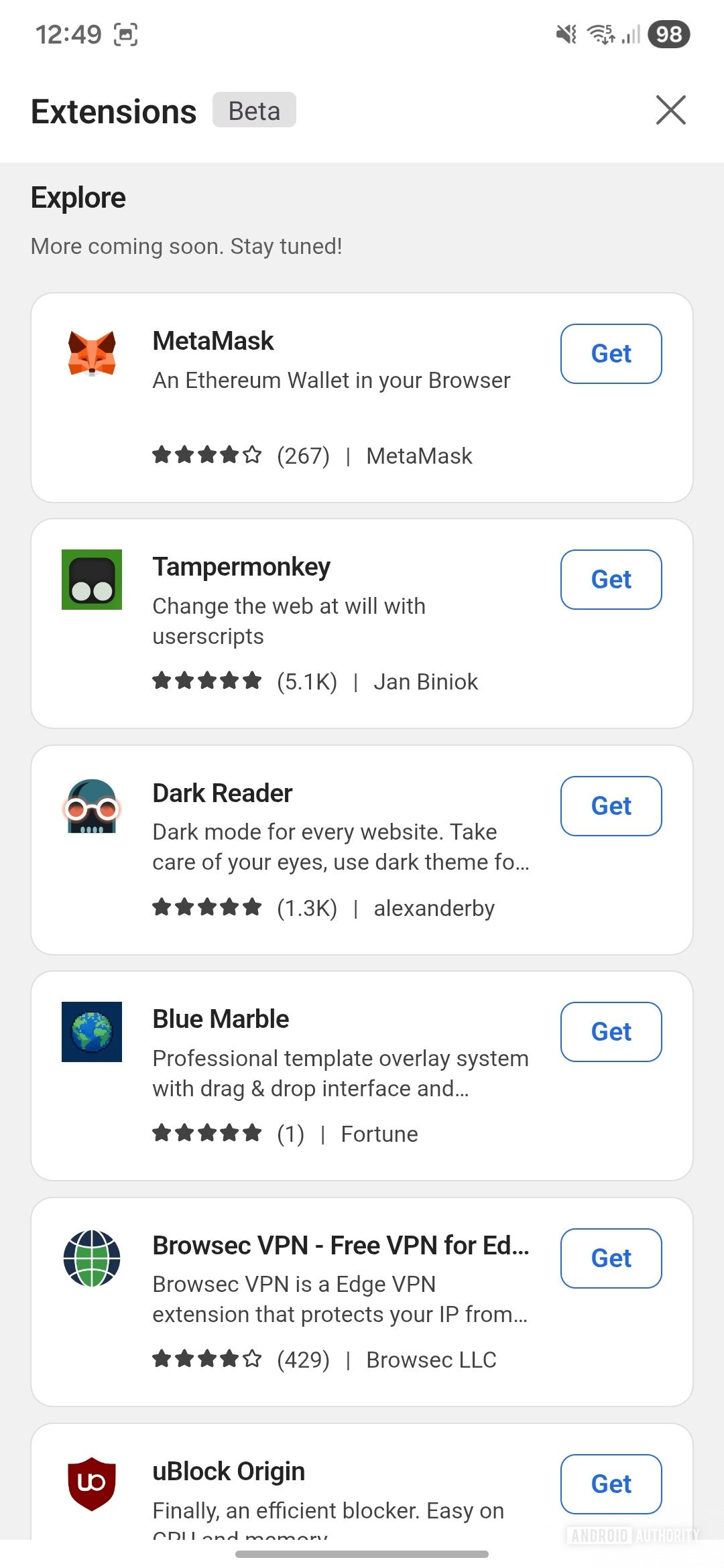 Extensões do Microsoft Edge no Android