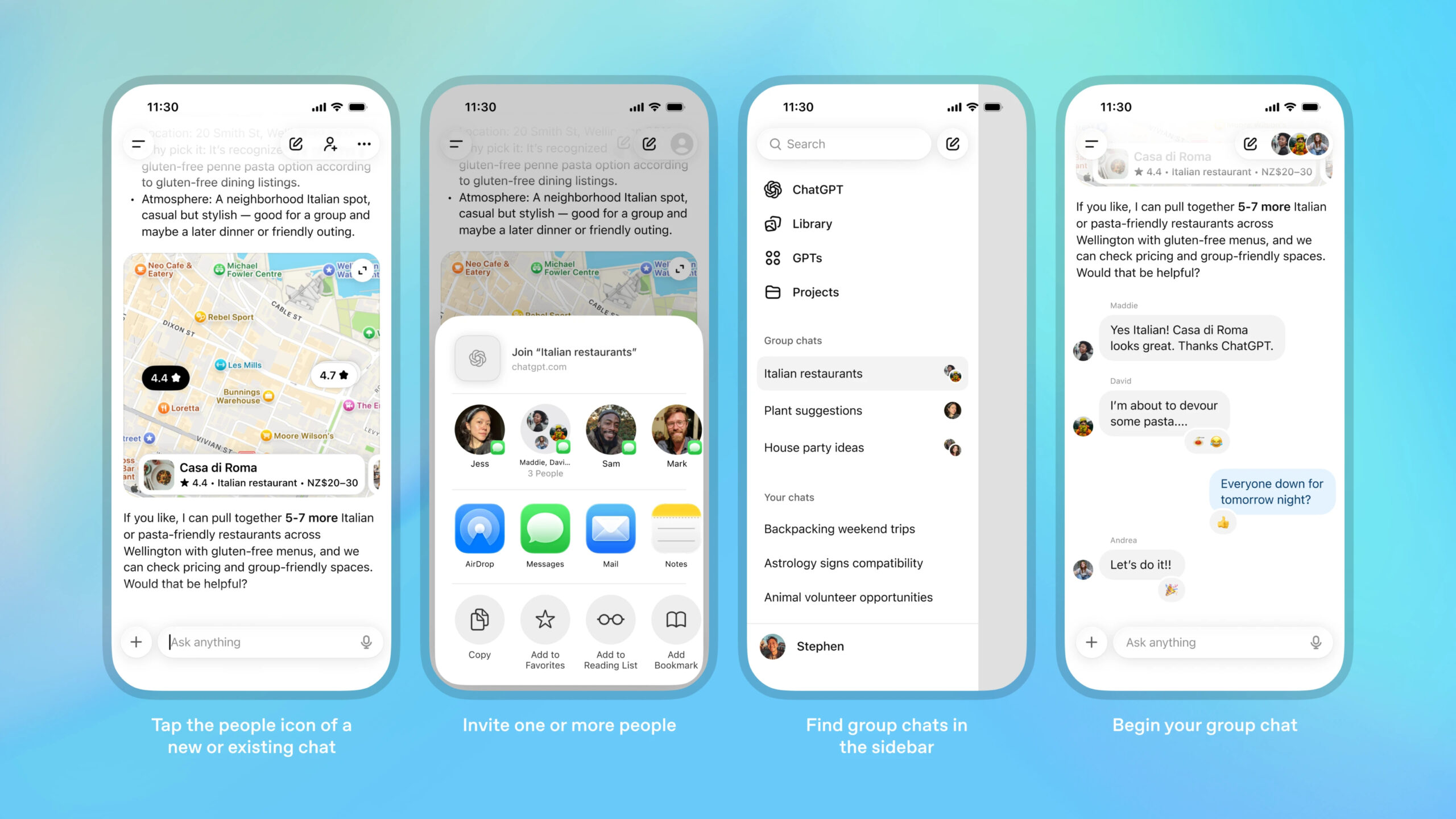 Bate-papos em grupo ChatGPT Imagens promocionais mostrando bate-papos em grupo no ChatGPT.