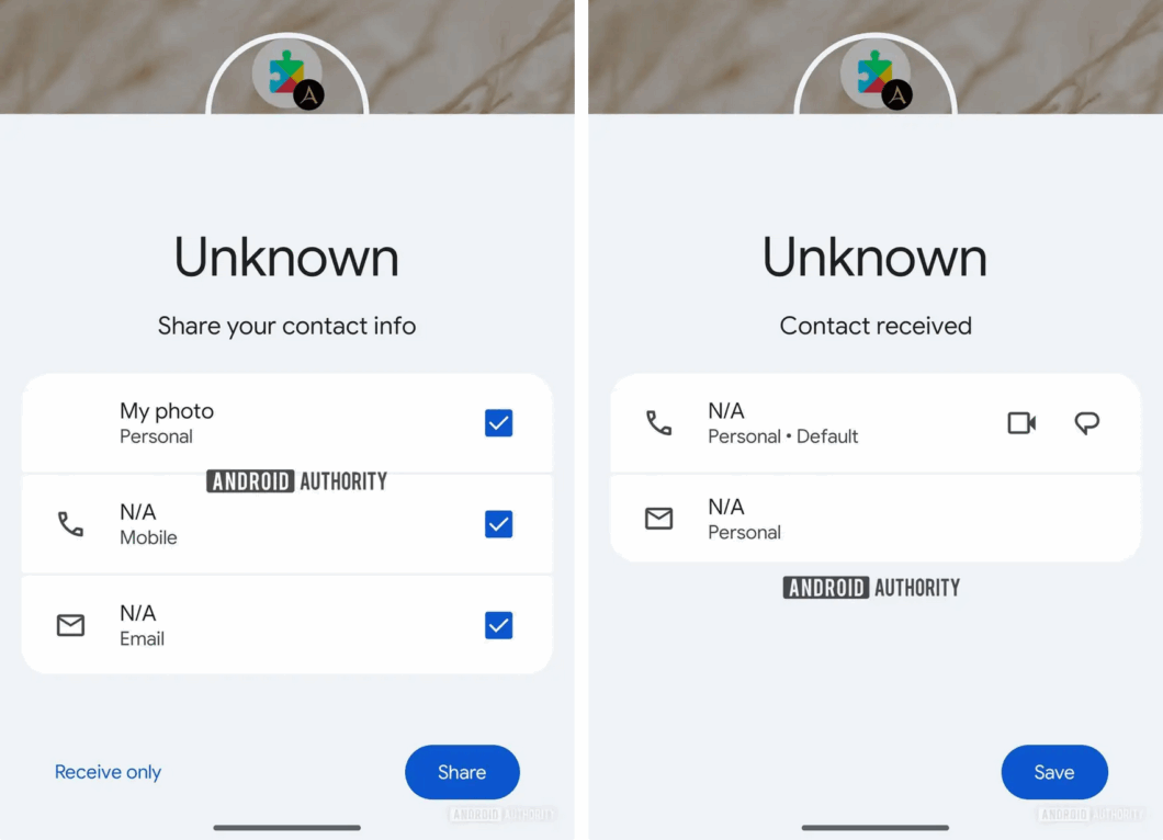 Dois screenshots mostram uma interface do Android para troca de contatos por aproximação. À esquerda, a tela exibe “Unknown” e a frase “Share your contact info”, com itens selecionáveis como “My photo”, “N/A Mobile” e “N/A Email”, além dos botões “Receive only” e “Share”. À direita, outra tela mostra “Unknown” e “Contact received”, com campos de telefone e email e o botão “Save”.