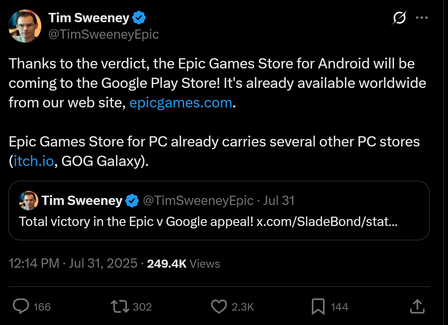 Tweet de Tim Sweeney anunciando a chegada da Epic Games Store à Play Store Tweet de Tim Sweeney anunciando a chegada da Epic Games Store à Play Store