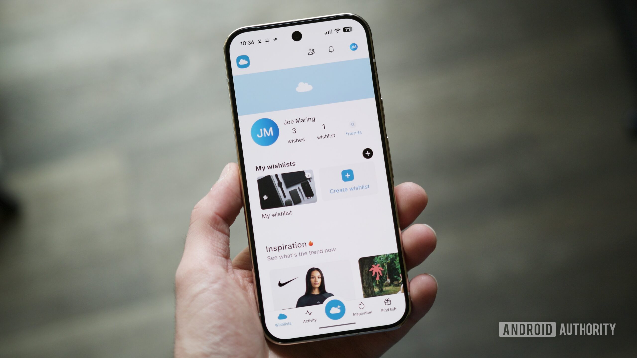 Aplicativo GoWish rodando em um telefone Android.