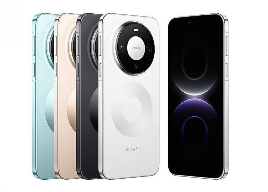Quatro aparelhos Huawei Mate 80 Pro lado a lado, nas cores azul, dourado, preto e branco. Eles têm um módulo circular para a câmera tripla.