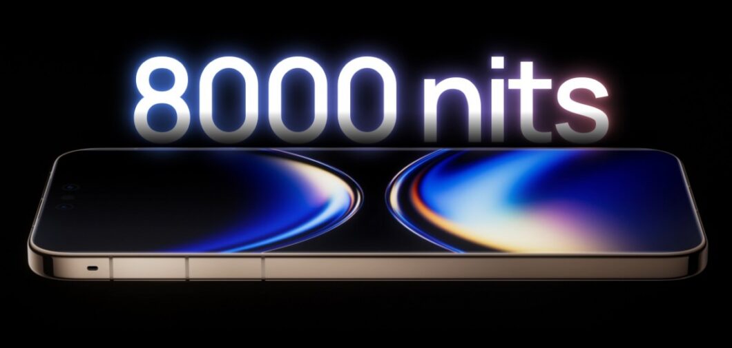Ilustração do Huawei Mate 80 Pro Max de lado, com a tela virada para cima. Há o texto "8000 nits" sobre o aparelho.