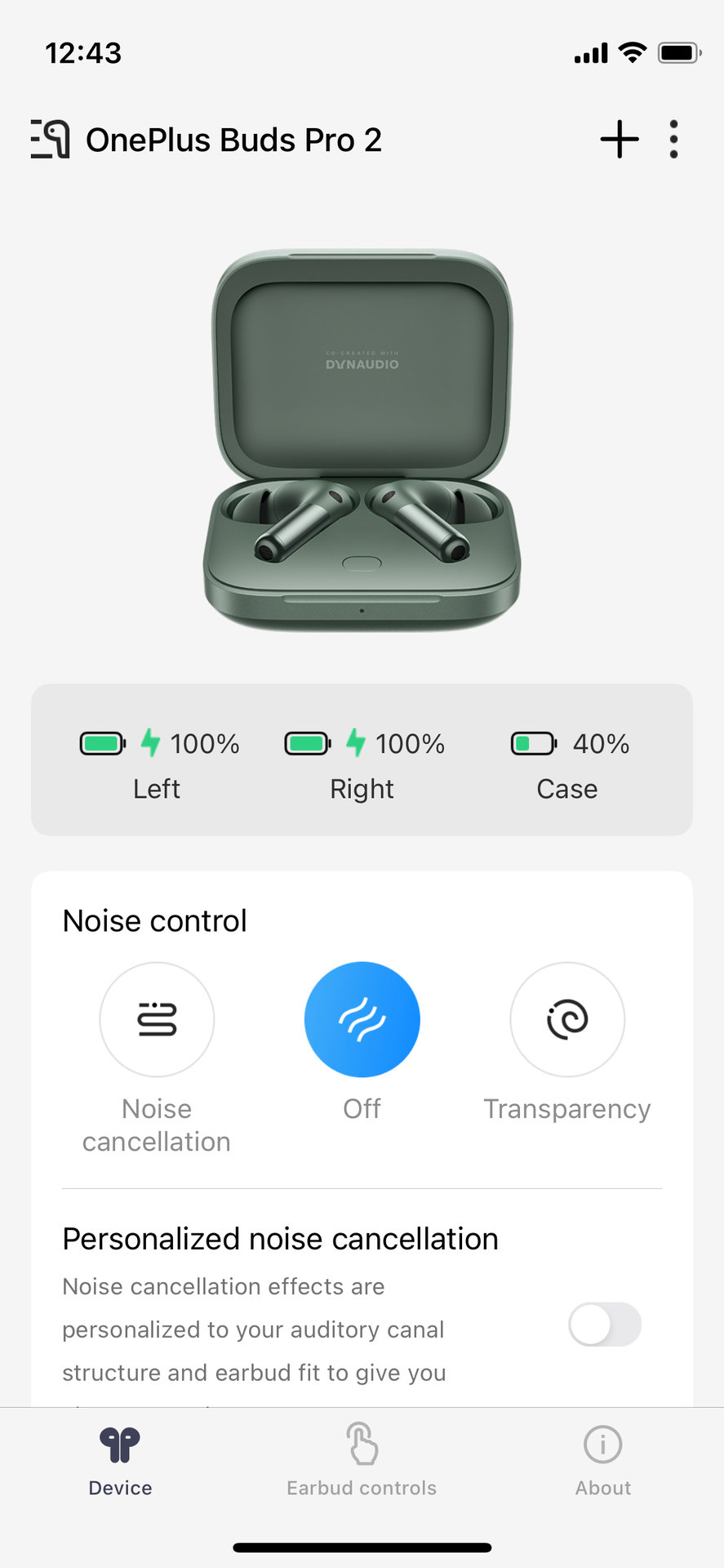 O aplicativo OnePlus Buds Pro 2 HeyMelody para iPhone exibe as configura&ccedil;&otilde;es de controle de ru&iacute;do.