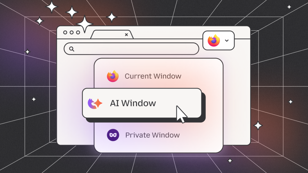 Imagem ilustrativa mostra a interface do navegador Firefox com um menu destacando três opções: “Current Window”, “AI Window” e “Private Window”. Um cursor aponta para “AI Window”, que tem um ícone colorido com uma estrela. O fundo é escuro e traz linhas geométricas e brilhos, sugerindo um ambiente tecnológico e futurista.