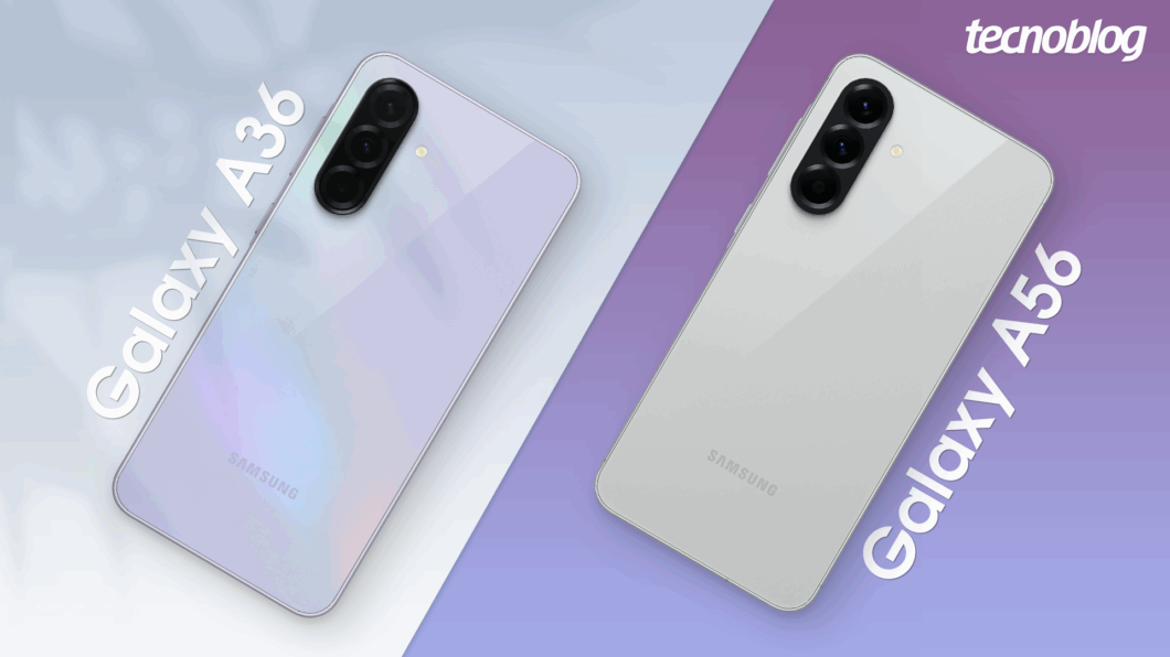 Imagem comparativa mostra os celulares Galaxy A36 e Galaxy A56 lado a lado