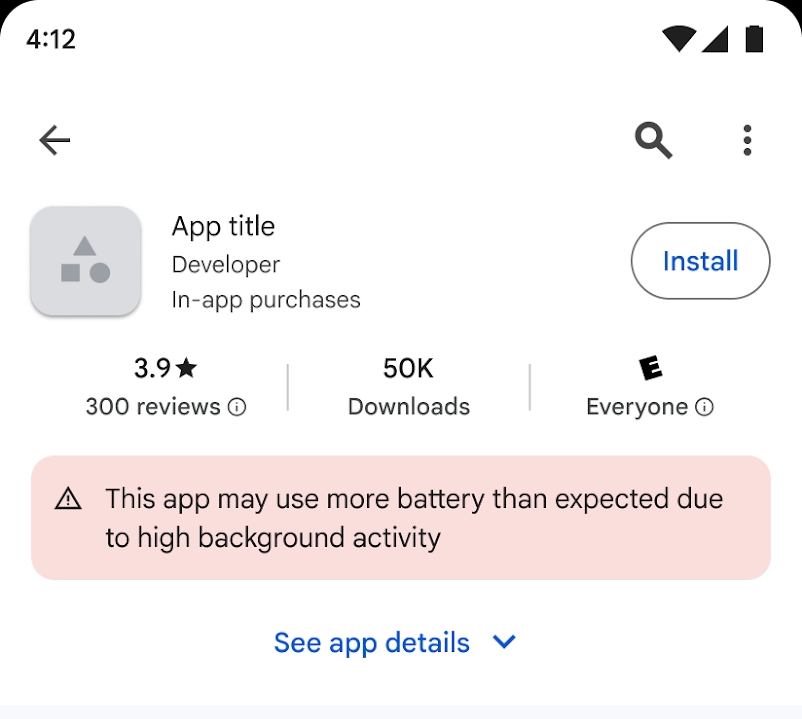 Aviso da Google Play Store sobre app que demanda muita bateria