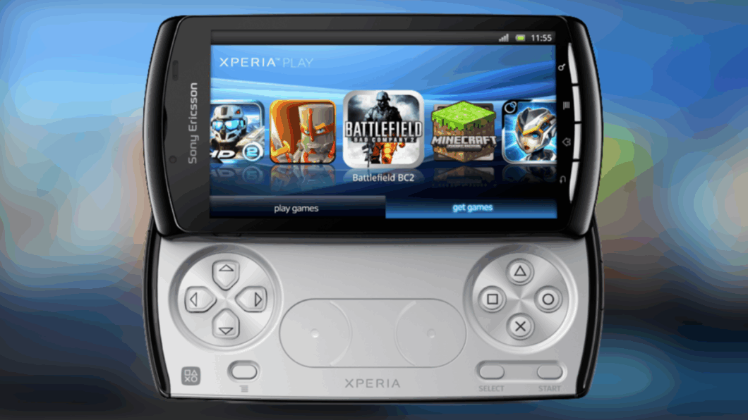 Smartphone Xperia Play na tela de seleção de jogos. Ele tem controles deslizantes.
