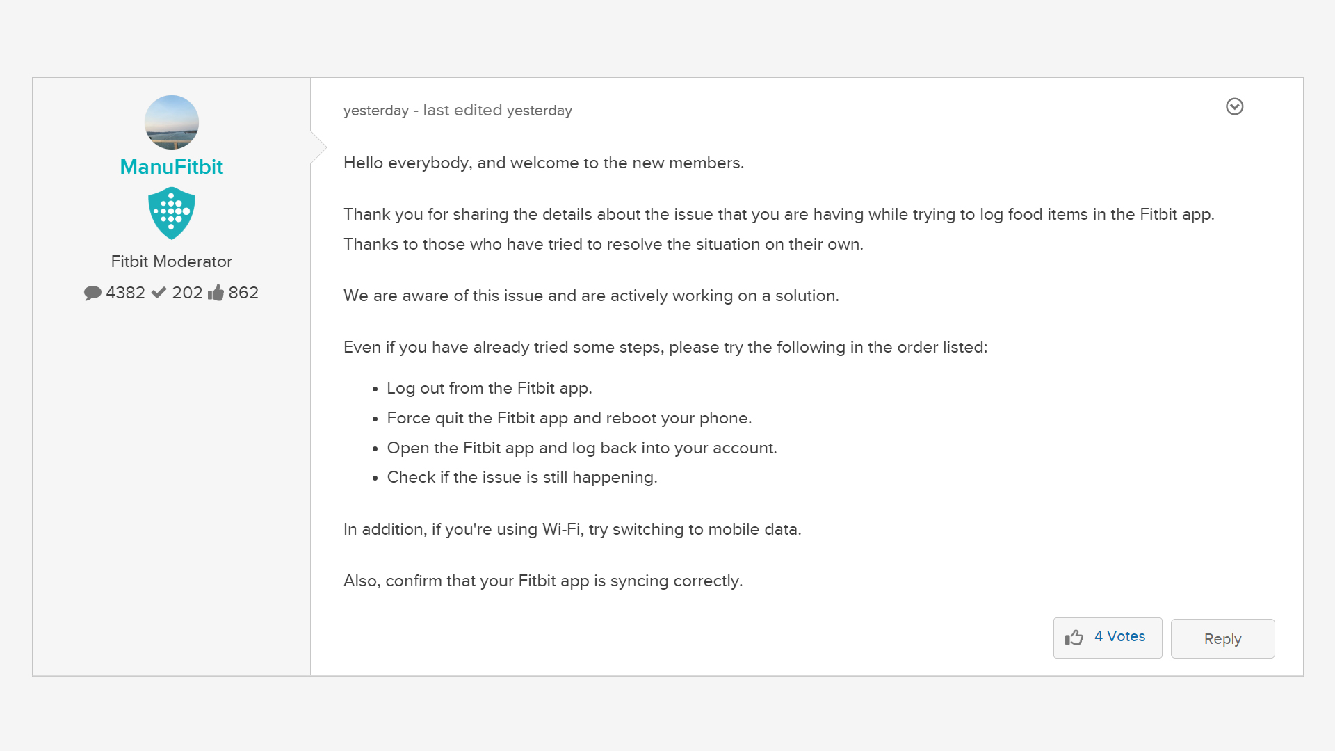 Resposta oficial da comunidade Fitbit sobre problemas ao tentar registrar alimentos no aplicativo Fitbit
