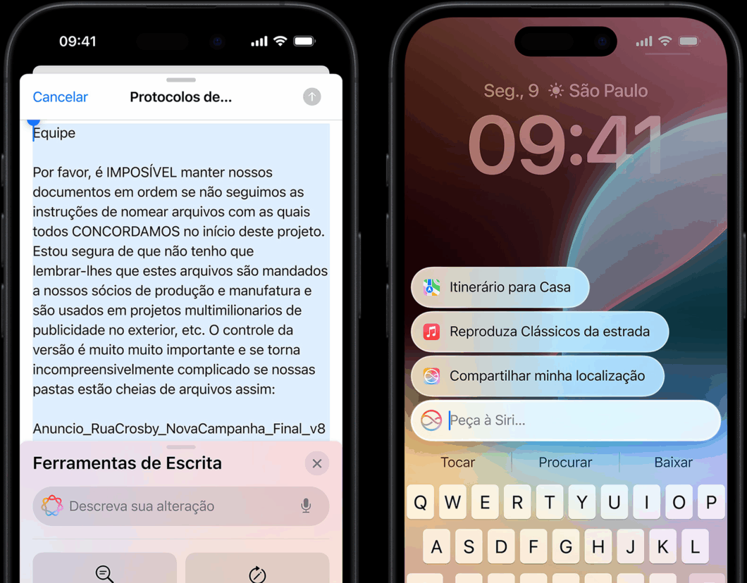 Siri em uso em sobreposição a outras interfaces no iPhone