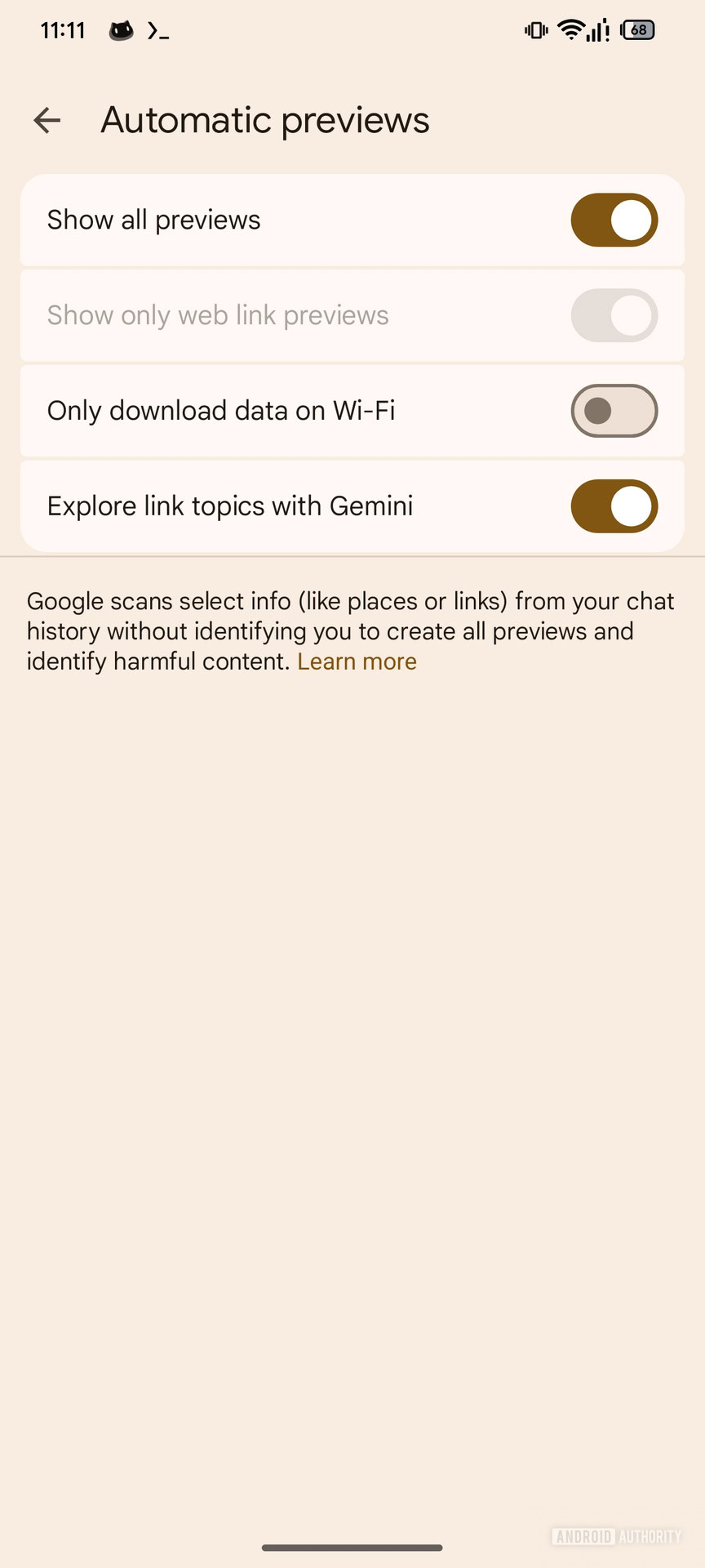 Botão e configurações do Google Messages Insights (2)