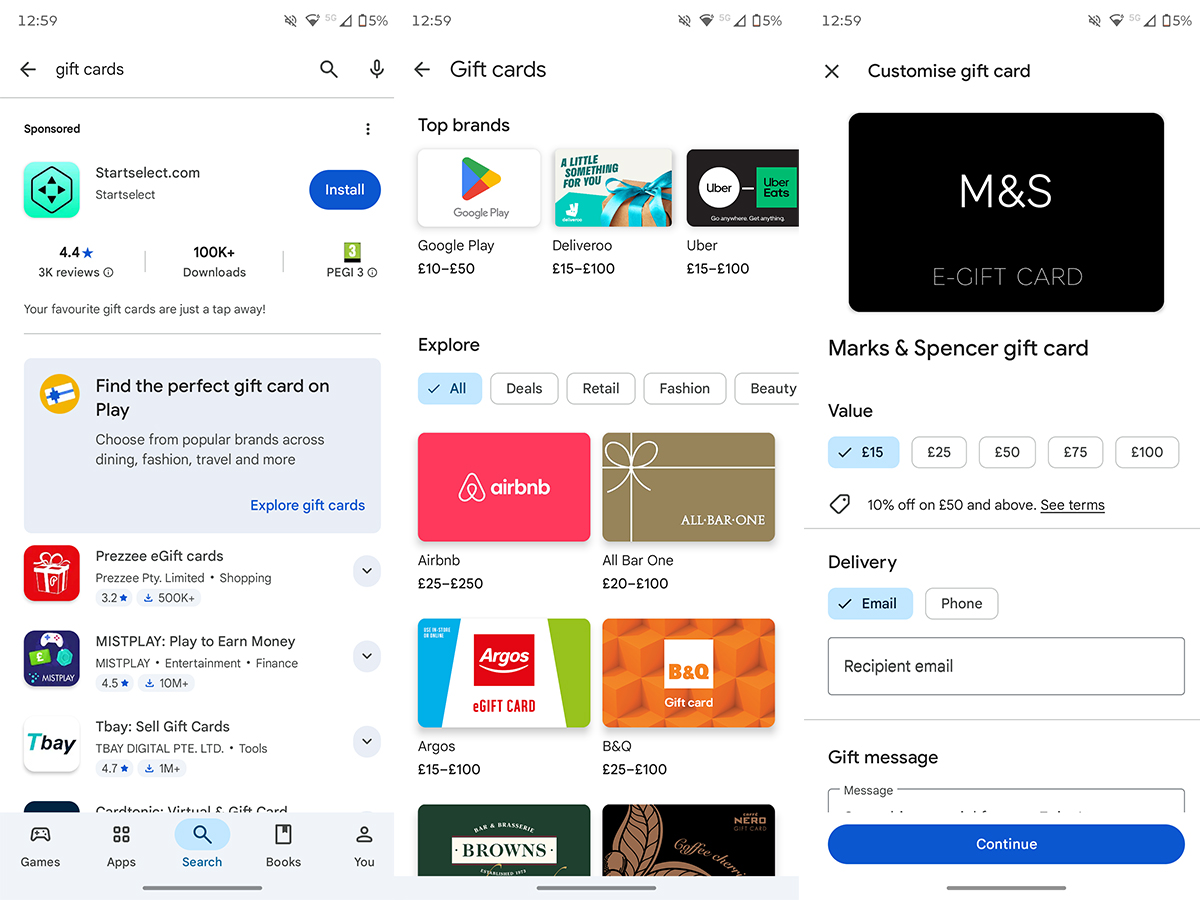 Gift cards on the Google Play Store
