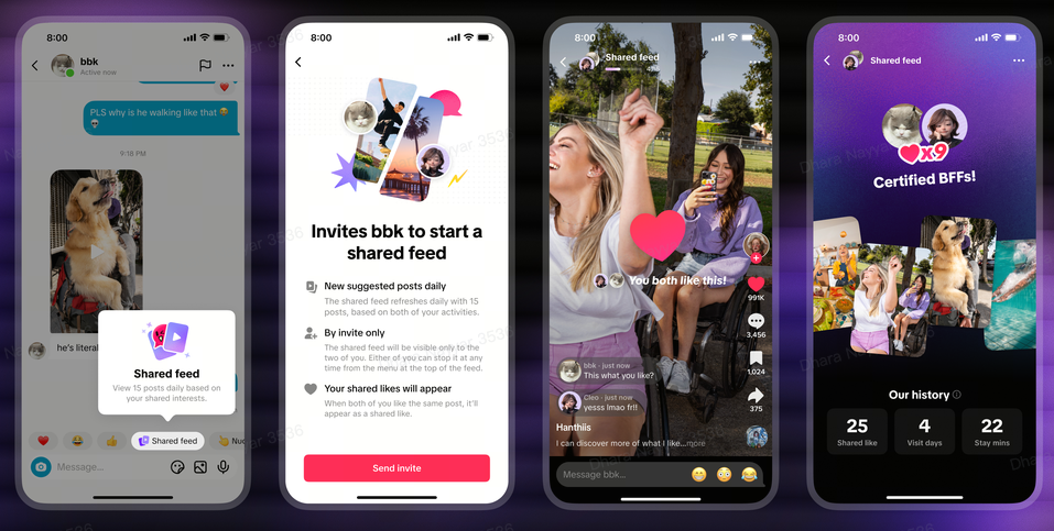Montagem com quatro telas de iPhone mostrando o recurso “Shared feed” do TikTok. À esquerda, conversa em DM com um vídeo de cachorro e aviso “Shared feed”. Na segunda tela, convite com o texto “Invites bbk to start a shared feed” e botão “Send invite”. Na terceira, vídeo de duas mulheres no parque com a mensagem “You both like this!”. À direita, tela com o título “Shared feed”, o selo “Certified BFFs!” e estatísticas de interações.