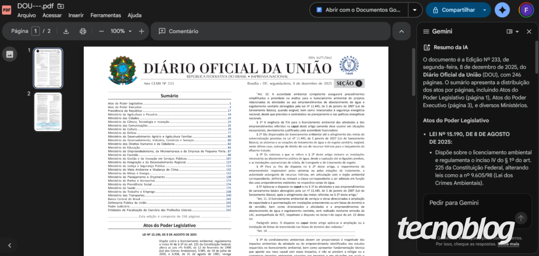 Captura de tela de um documento do Diário Oficial da União aberto na ferramenta de visualização de PDF do Google Drive