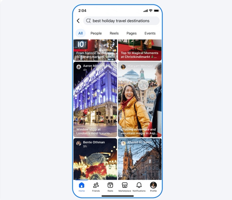 Resultados de buscas em grade no Facebook