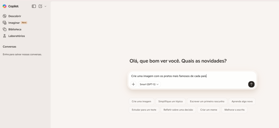 Interface da versão web do Microsoft Copilot