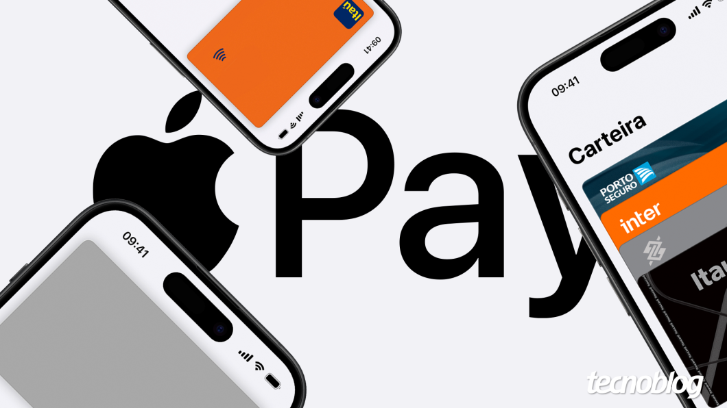 Ilustração mostra três iPhones com a Apple Wallet aberta, com cartões de bancos brasileiros