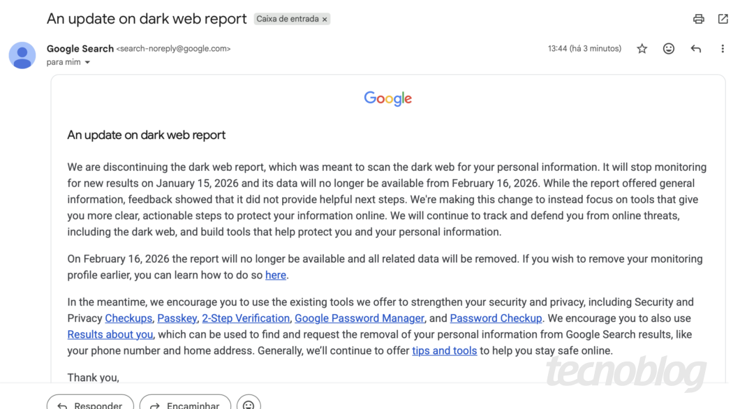 E-mail do Google avisa sobre encerramento do relatório da Dark Web