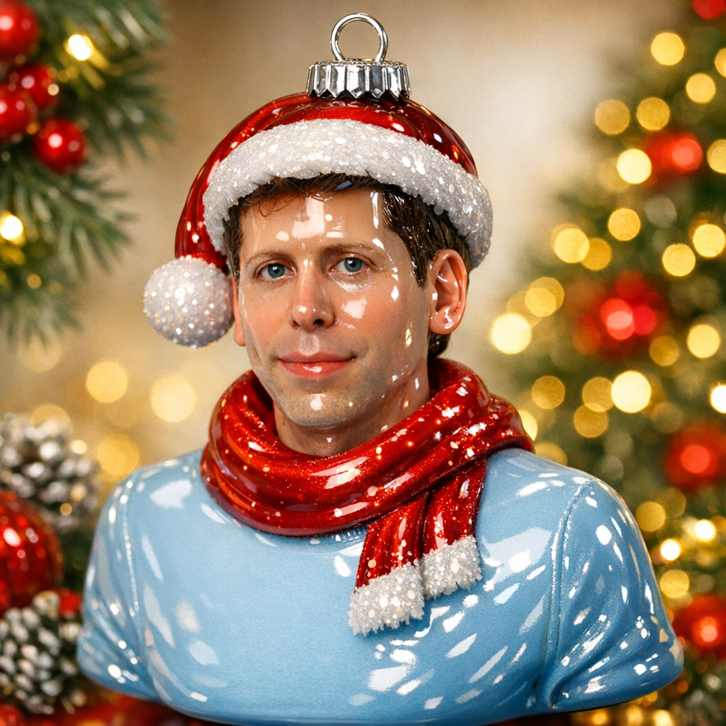 Ilustração de Sam Altman com acabamento brilhante, semelhante a um enfeite de Natal. A figura usa gorro vermelho com detalhe branco e um anel metálico no topo, além de cachecol vermelho e roupa azul clara. O rosto tem aparência realista e expressão neutra. Ao fundo, há árvores de Natal desfocadas, com luzes amarelas e enfeites vermelhos, criando um clima festivo.