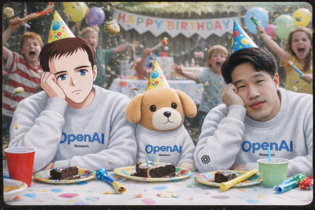 Cena de festa de aniversário ao ar livre. Três figuras sentadas à mesa usam chapéus de festa e moletons cinza com o texto “OpenAI Research”. À esquerda, um personagem com rosto em estilo ilustrado; ao centro, um cachorro de pelúcia; à direita, uma pessoa com expressão cansada. Há pratos com pedaços de bolo e velas apagadas. Ao fundo, crianças comemoram e jogam confetes diante de um banner com a frase “Happy Birthday”.