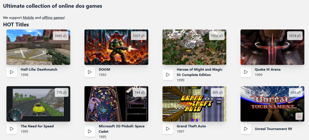 Captura de tela da seção inicial do DOS Zone, com jogos reunidos.