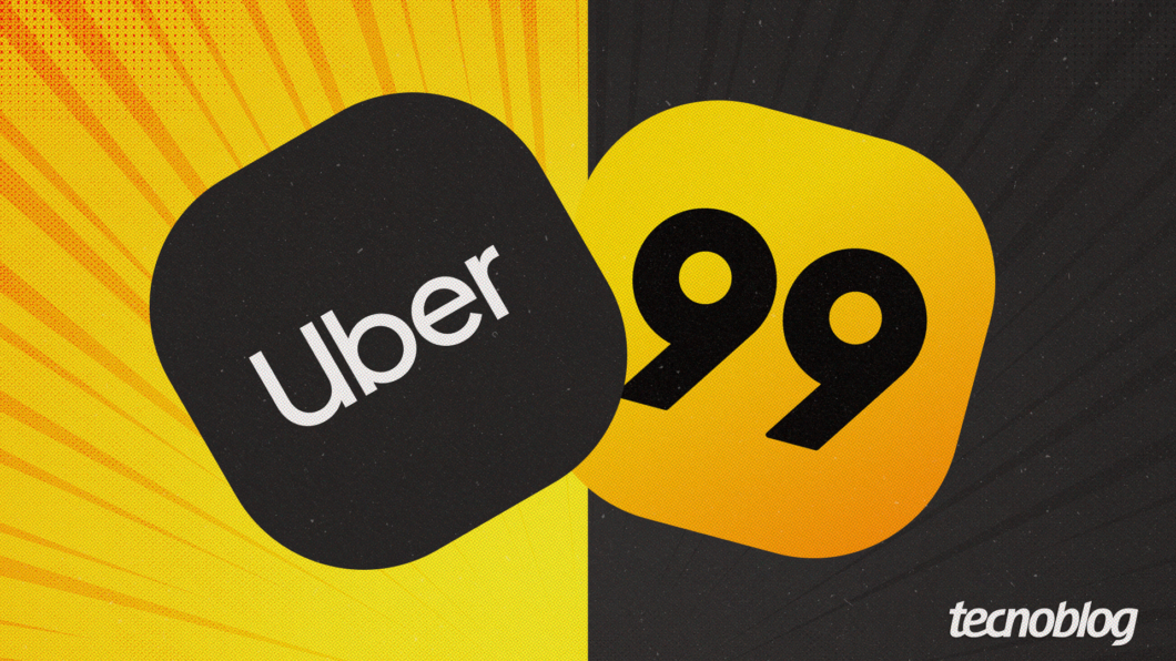 Logos dos aplicativos da Uber e 99 sobre fundos amarelo e preto, respectivamente