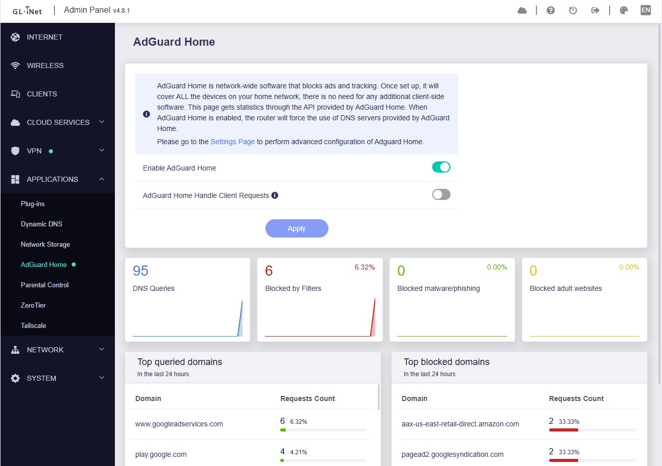 captura de tela do glinet adguard