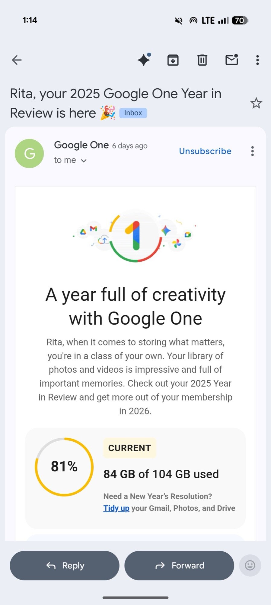 e-mail de revis&atilde;o de um ano do Google