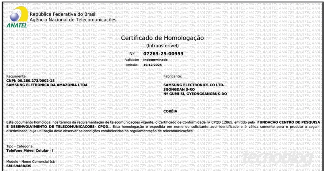 Certificado de homologa&ccedil;&atilde;o do Galaxy S26 Ultra