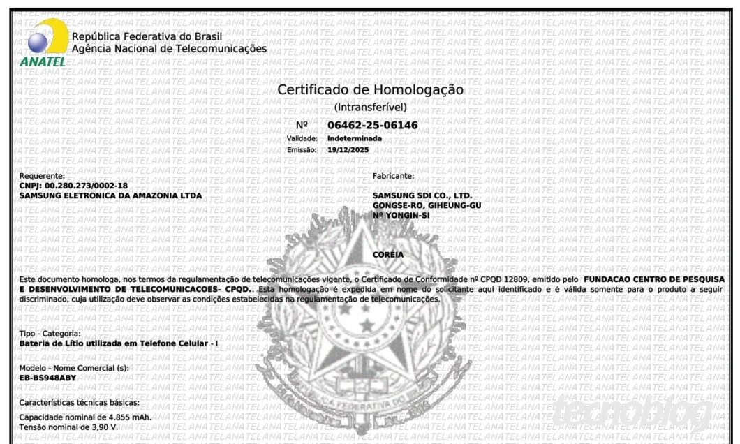 Certificado de homologa&ccedil;&atilde;o da bateria do Galaxy S26 Ultra