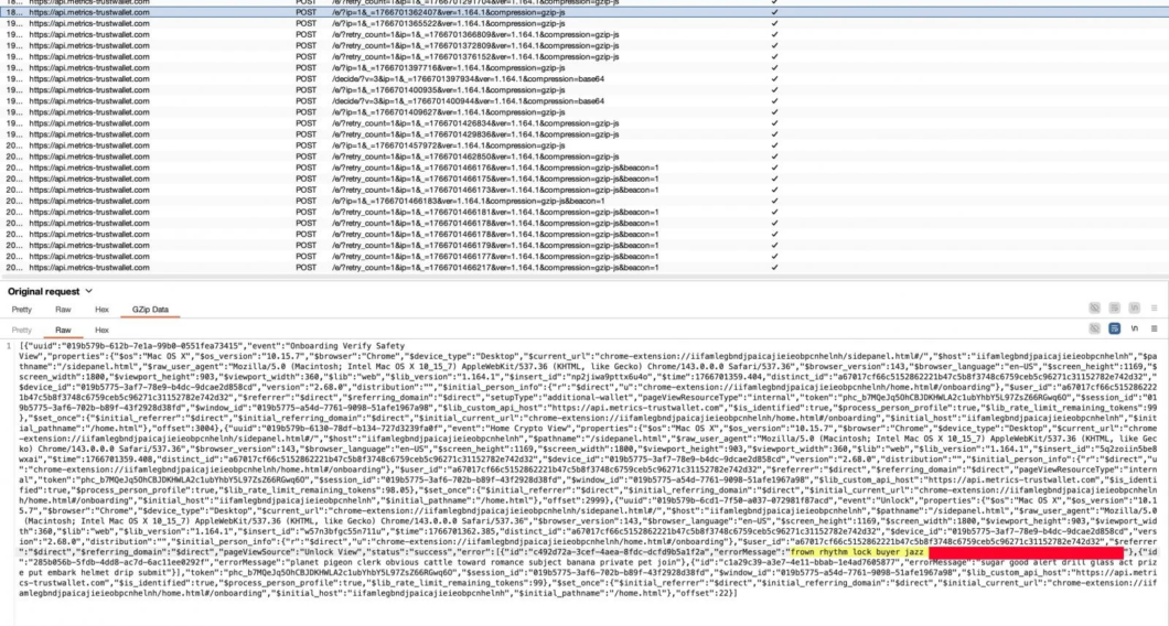 Captura de tela das requisi&ccedil;&otilde;es de rede do servi&ccedil;o, destacando atividade do script malicioso 