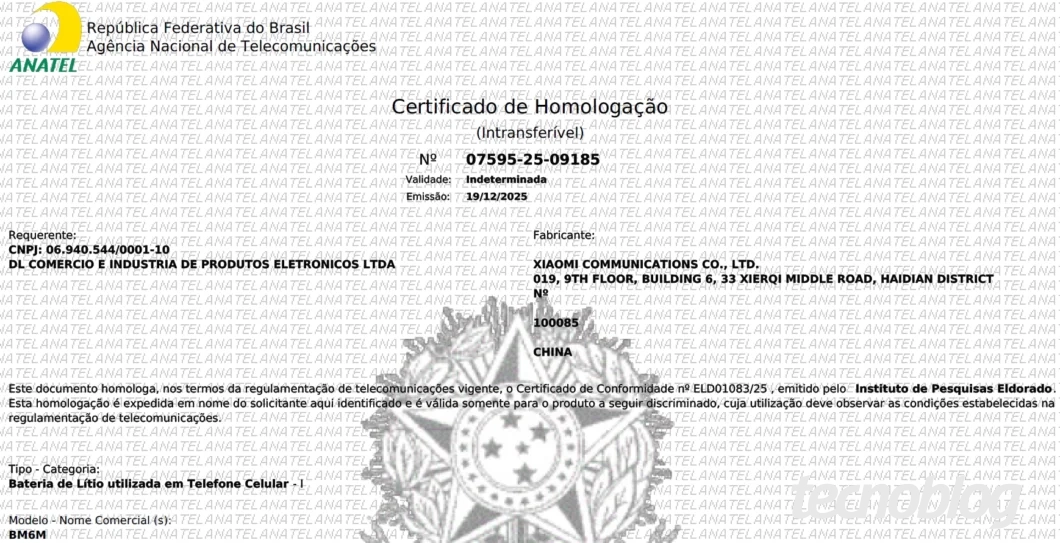 Certificado da bateria do Poco F8 Pro