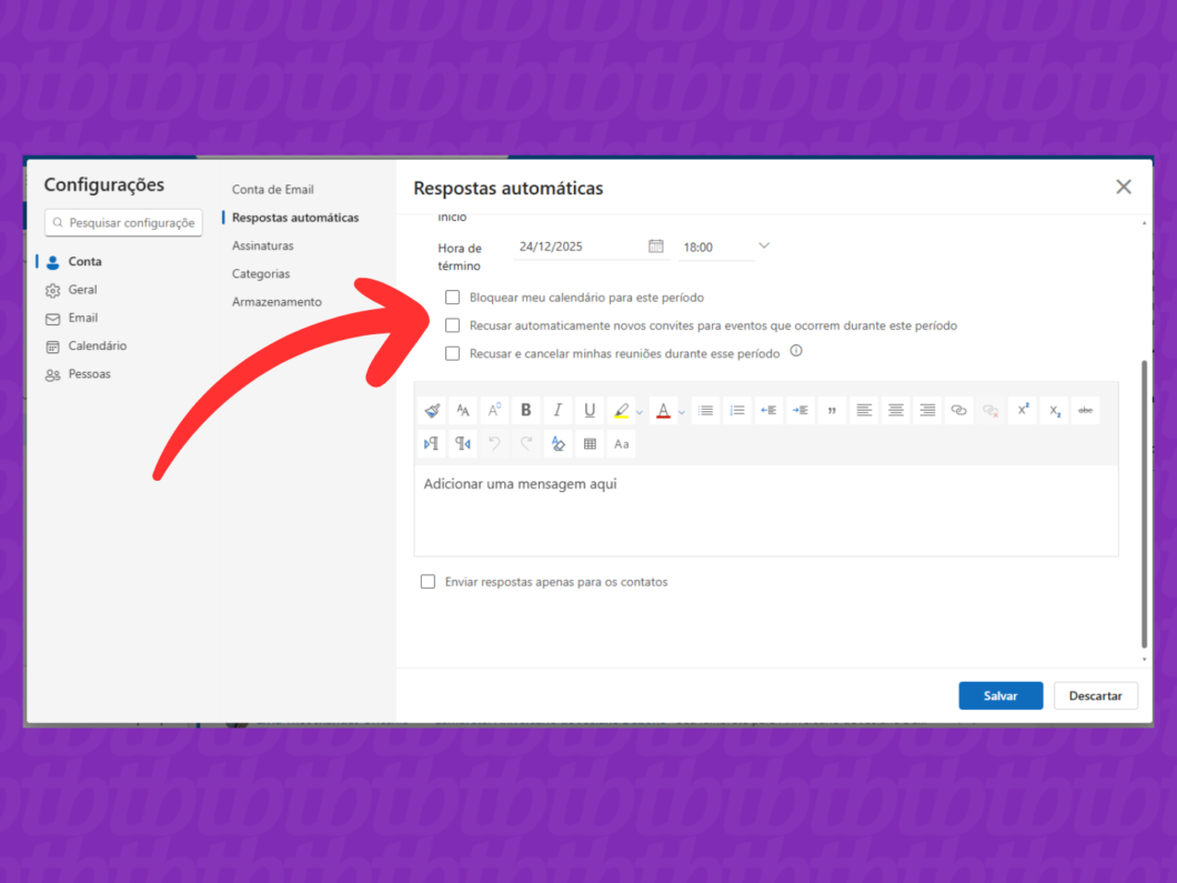 Marcando as op&ccedil;&otilde;es de bloquear ou recusar compromissos/convites