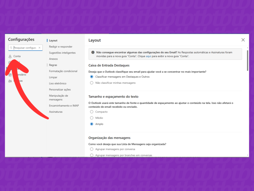 Selecionando a guia "Conta"