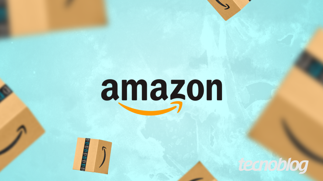 Ilustração mostra o logotipo da Amazon e várias caixas ao redor. Na parte inferior direita, o logo do "tecnoblog" é visível.