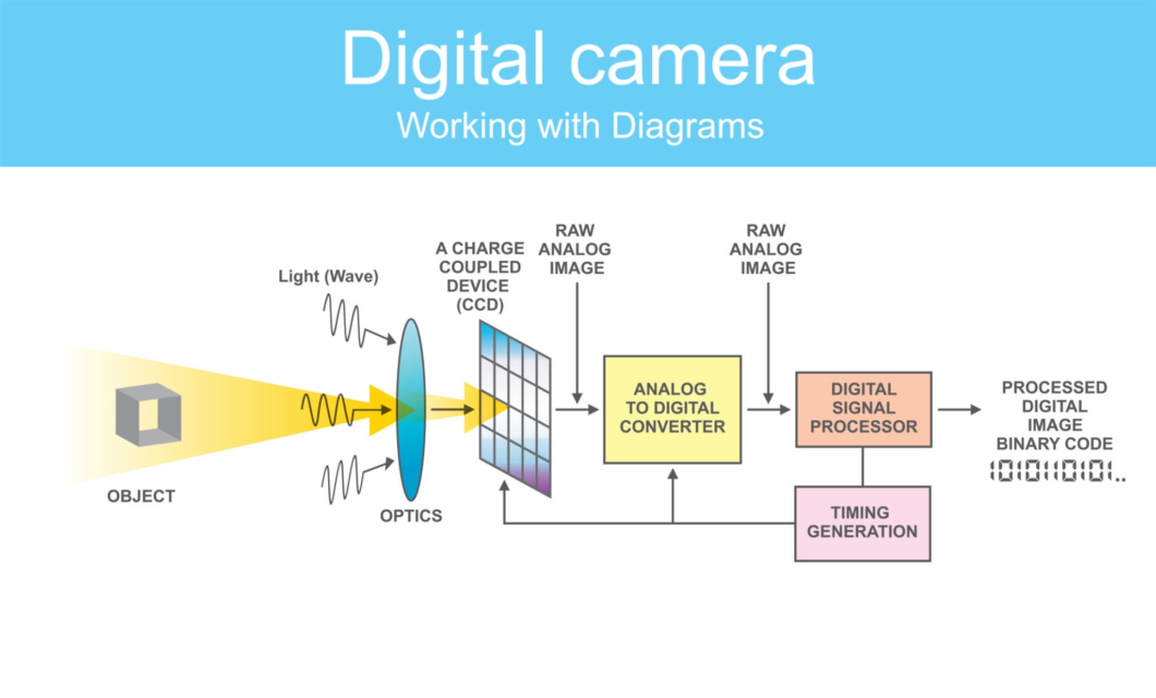 infogr&aacute;fico explicando o funcionamento de uma c&acirc;mera digital