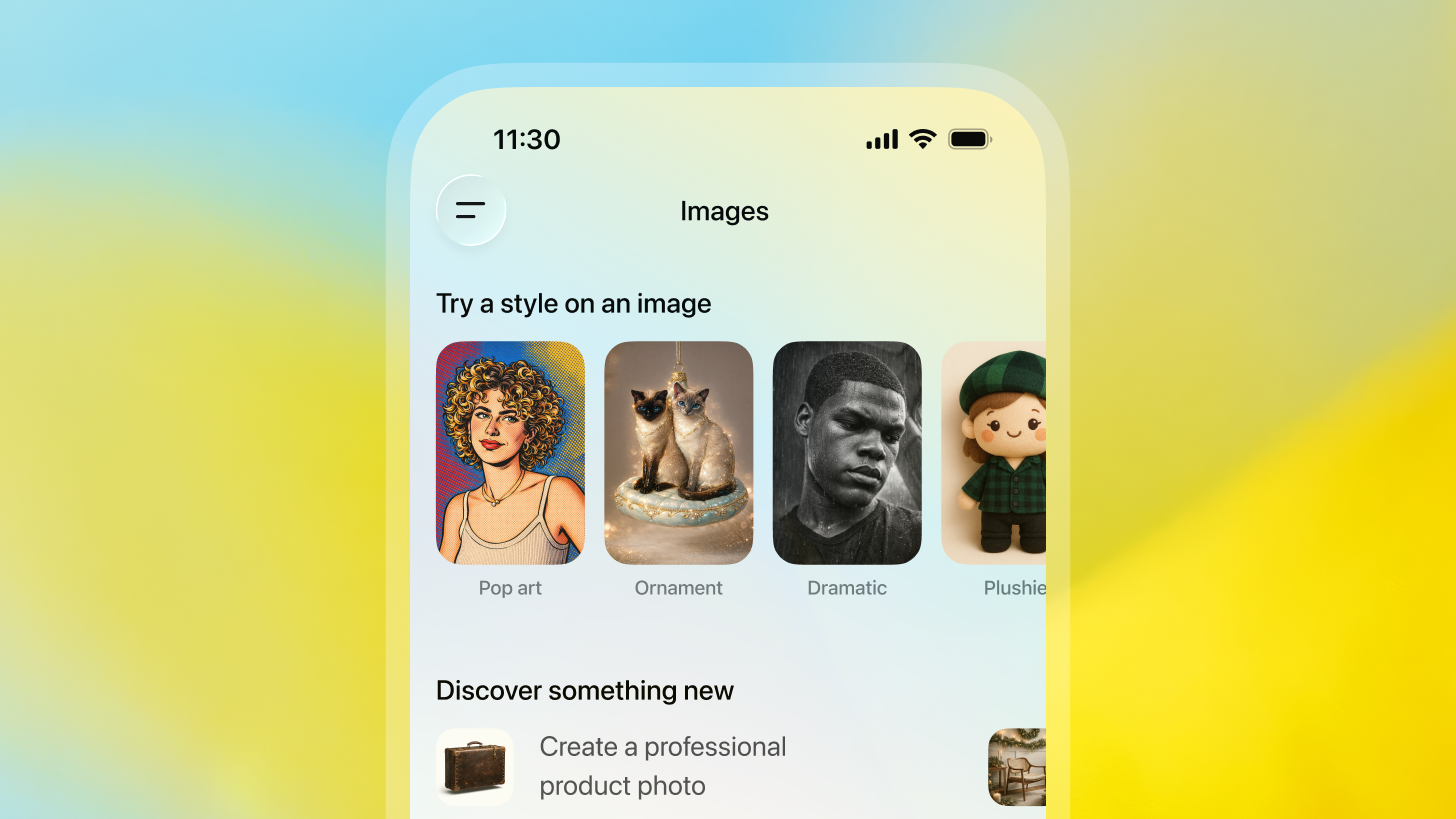 Tela de um smartphone exibindo a interface do ChatGPT na seção de imagens. No topo, aparece o título “Images”. Abaixo, a área “Try a style on an image” mostra exemplos de estilos visuais, como “Pop art”, “Ornament”, “Dramatic” e “Plushie”, com miniaturas ilustrativas. Mais abaixo, a seção “Discover something new” lista opções como “Create a professional product photo”, “Remove people in the background” e “Create an album cover”. O fundo é colorido em tons de azul, verde e amarelo.