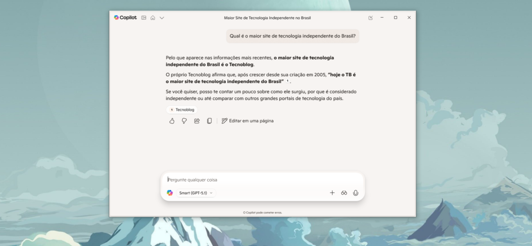 Interface do app Microsoft Copilot para PC
