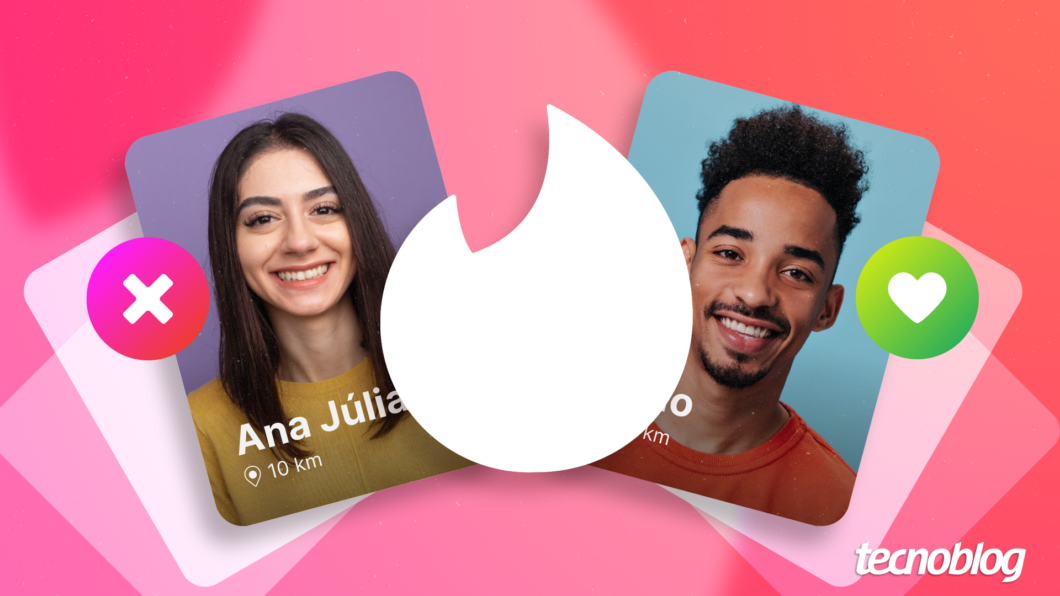 Ilustra&ccedil;&atilde;o sobre o tinder mostra duas pessoas, com um X &agrave; esquerda e um cora&ccedil;&atilde;o &agrave; direita. Na parte inferior direita, o logotipo do "tecnoblog" &eacute; vis&iacute;vel. 