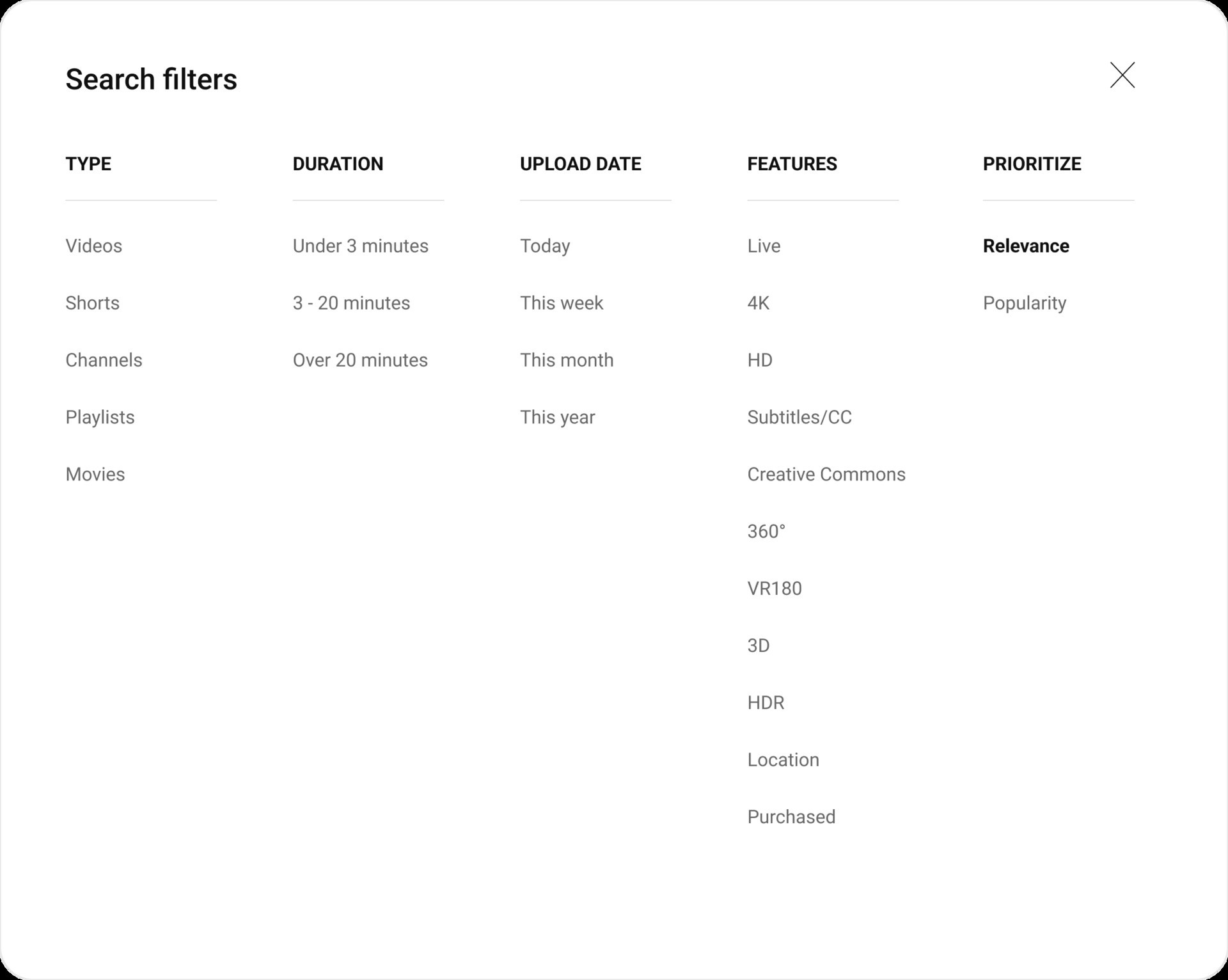 Novo menu de filtro do YouTube