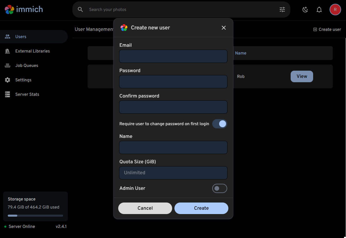 Immich Adicionar usu&aacute;rio