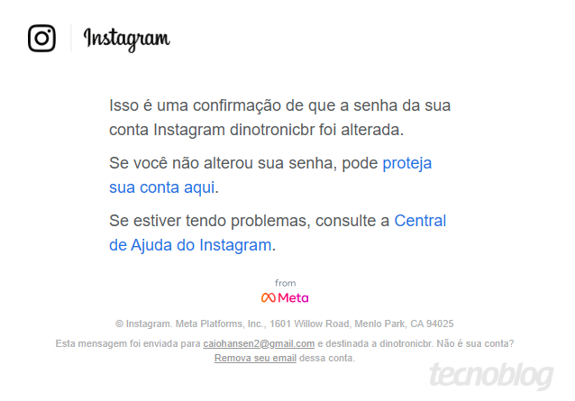 Captura de tela exibe um email do Instagram sobre alteração de senha.