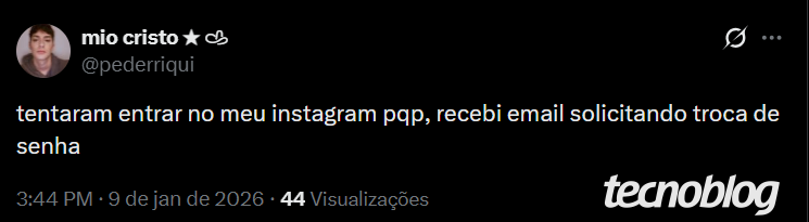 Captura de tela exibe um post no X/Twitter relatam o recebimento de email do Instagram sobre alteraçãod e senha.